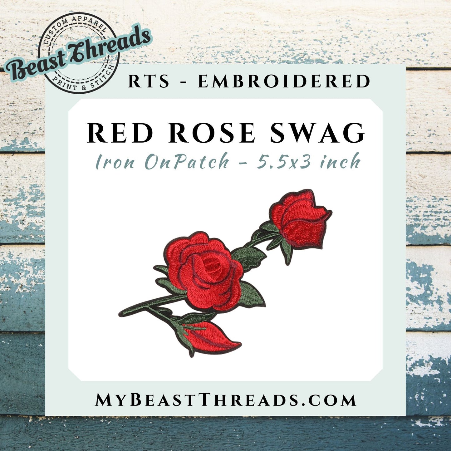 Red Rose Swag Embroidered Patch- RTS