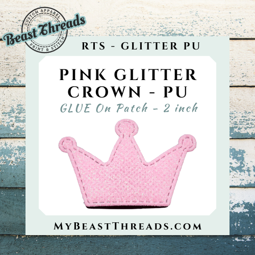 $5FBF DEAL - Pink Glitter Crown GLUE ON Patch 50 pc Bag - RTS