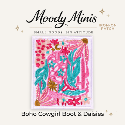 Boho Cowgirl Boot & Daisies Embroidered Patch