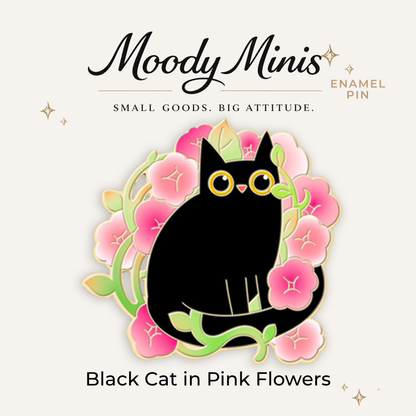 Black Cat in Pink Flowers Enamel Pin