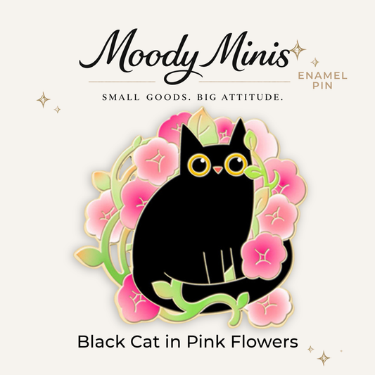 Black Cat in Pink Flowers Enamel Pin