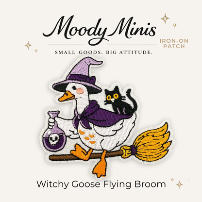 Witchy Goose Flying Broom Embroidered Patch