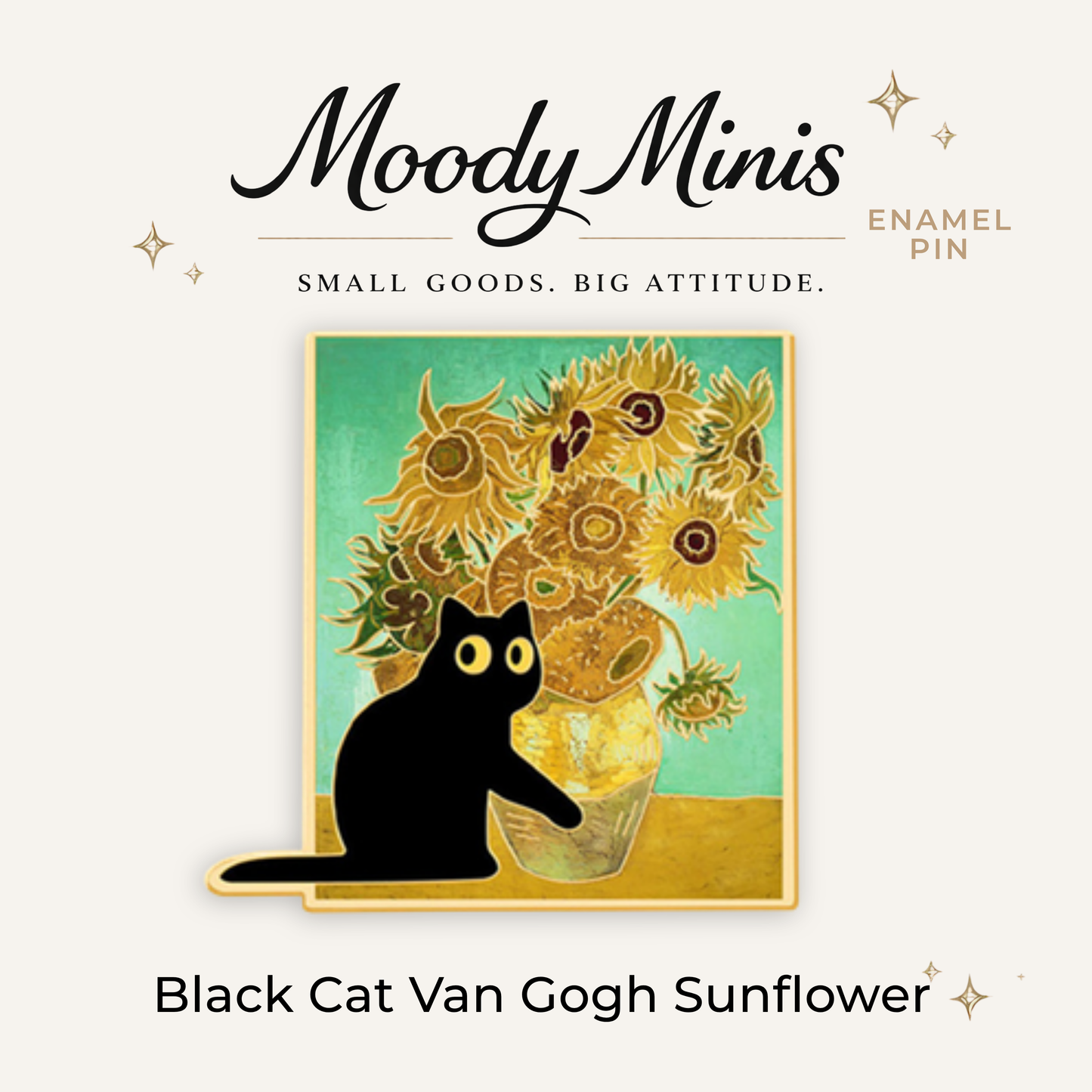 Black Cat Van Gogh Sunflower Enamel Pin
