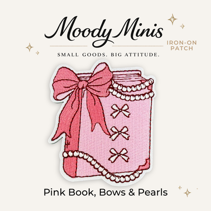Pink Book, Bows & Pearls Embroidered Patch