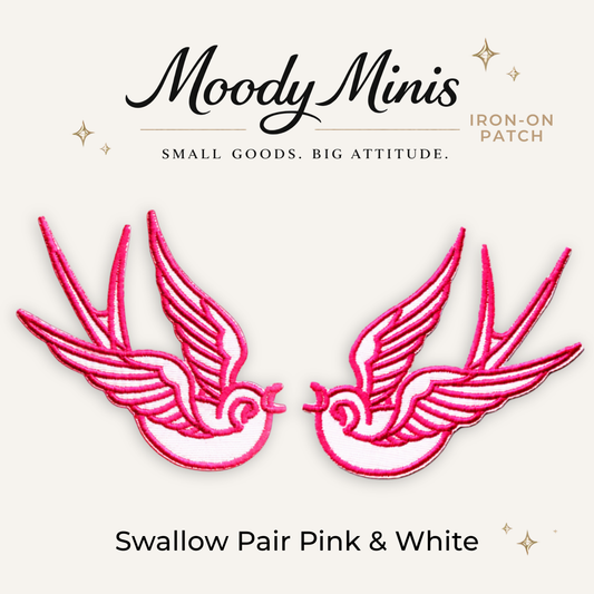 Swallow Pair Pink & White Embroidered Patch