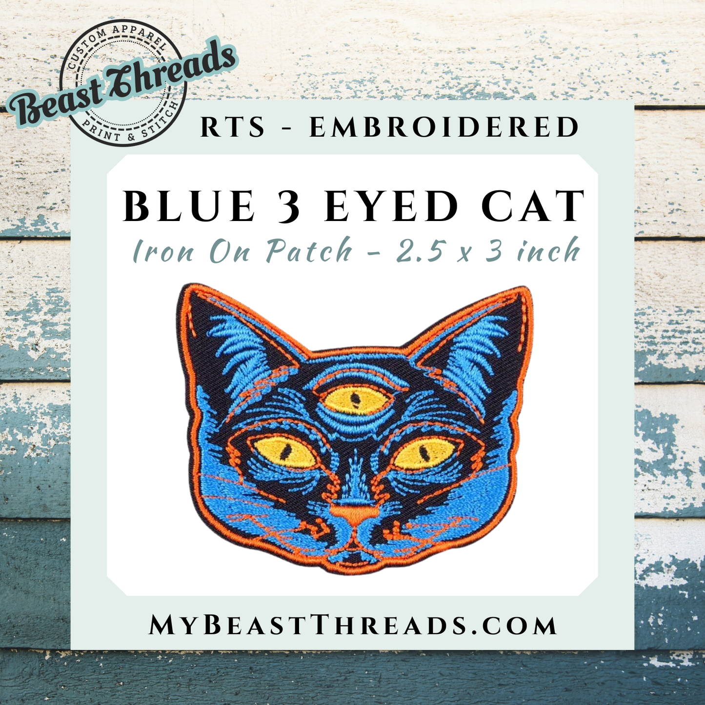 Blue 3 Eyed Cat Embroidered Patch- RTS