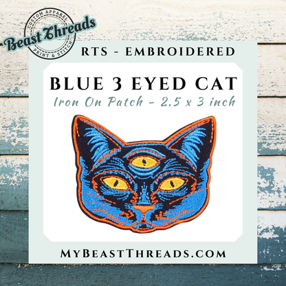 Blue 3 Eyed Cat Embroidered Patch- RTS
