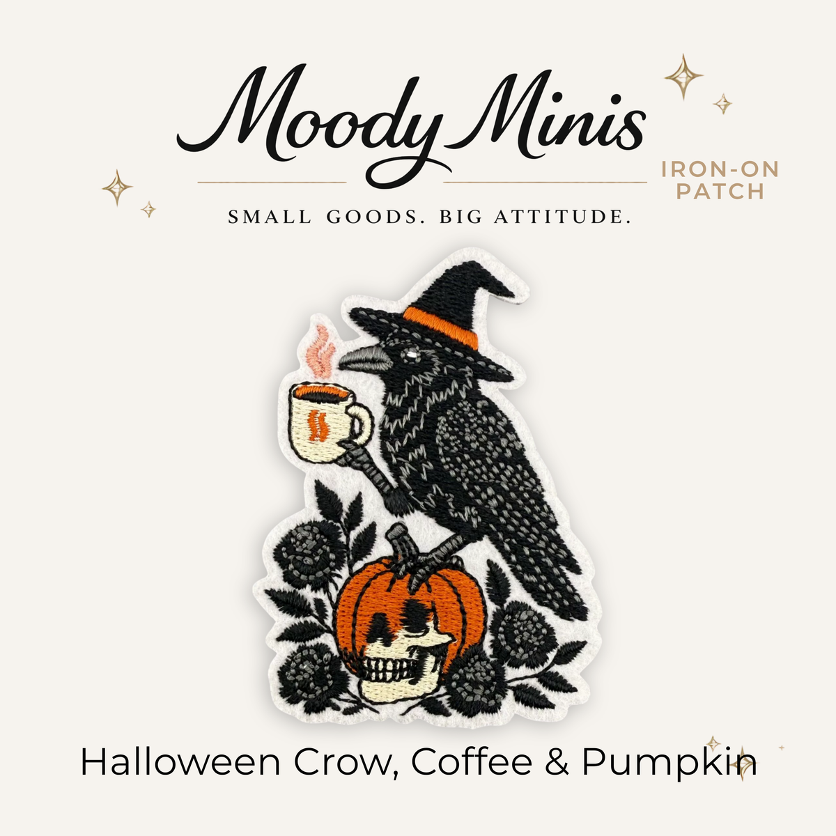 Halloween Crow, Coffee & Pumpkin Embroidered Patch