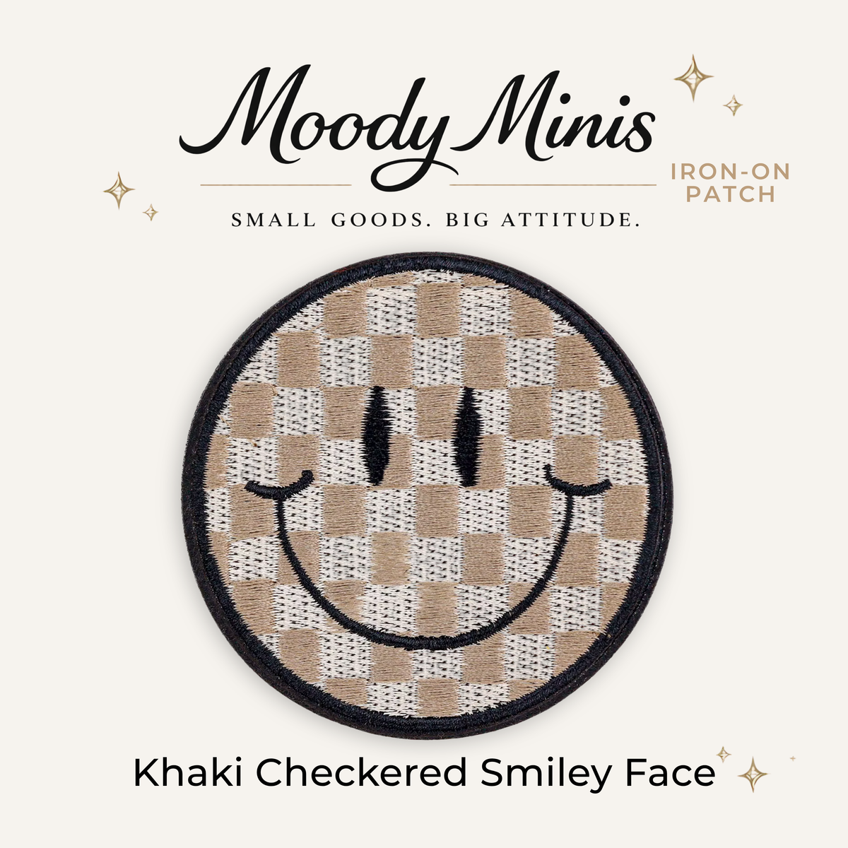 Khaki Checkered Smiley Face Embroidered Patch