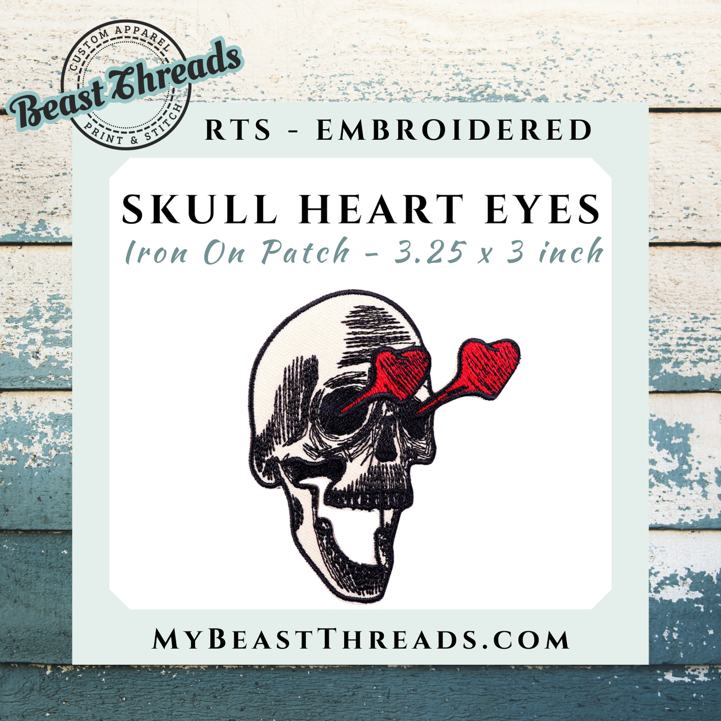 Skull Heart Eyes Embroidered Patch- RTS
