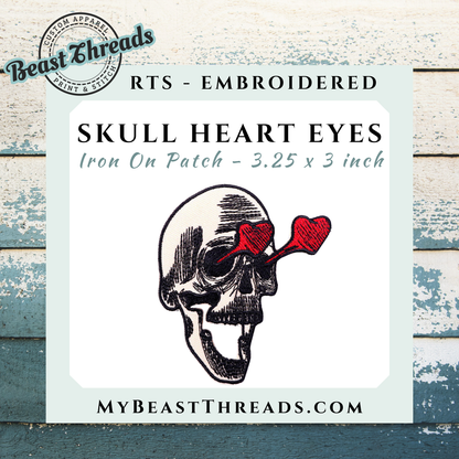 Skull Heart Eyes Embroidered Patch- RTS