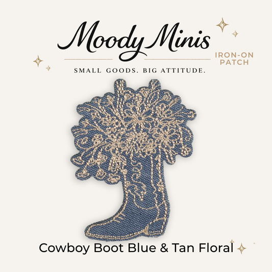 Cowboy Boot Blue & Tan Flower Embroidered Patch