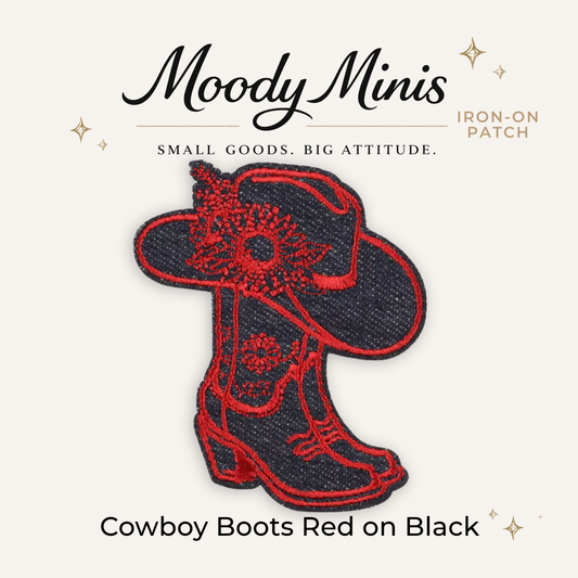 Cowboy Boot Red on Black Embroidered Patch