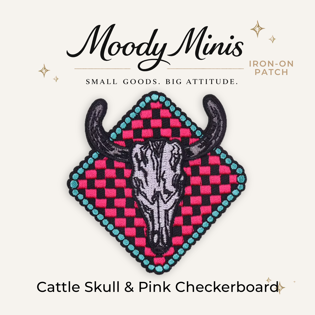 Cattle Skull & Pink Checkerboard Embroidered Patch