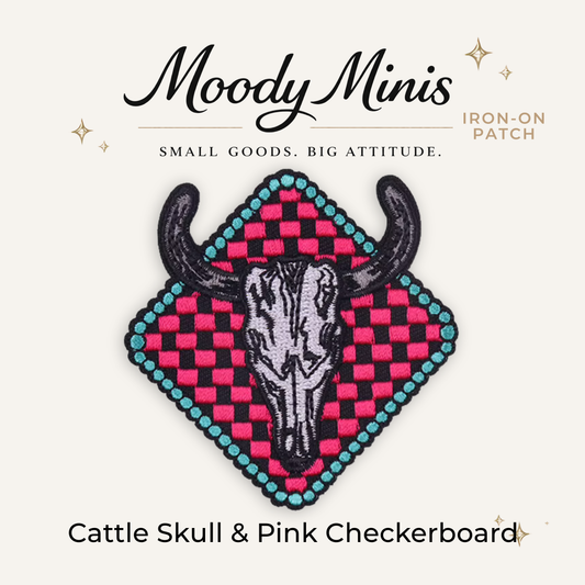 Cattle Skull & Pink Checkerboard Embroidered Patch