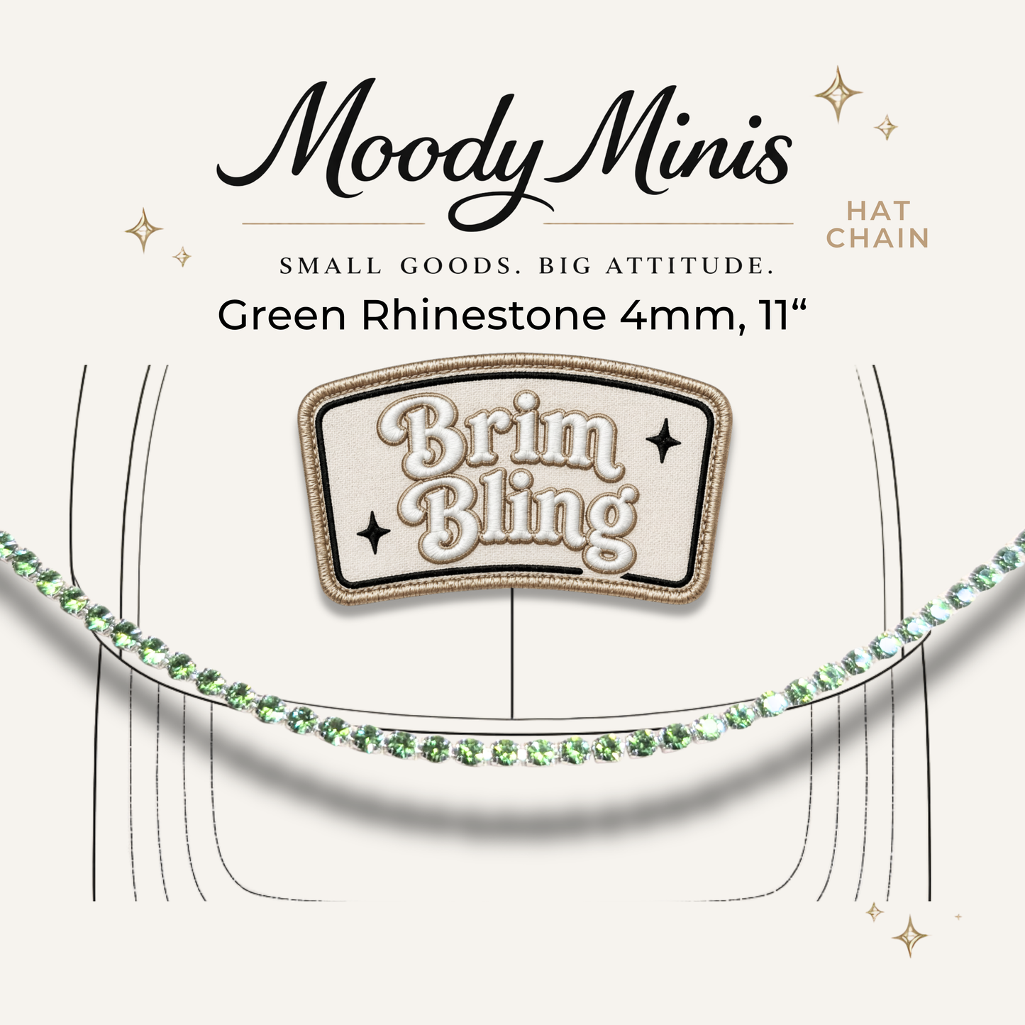 Green Rhinestone 4mm - 11 Inch Hat Chains
