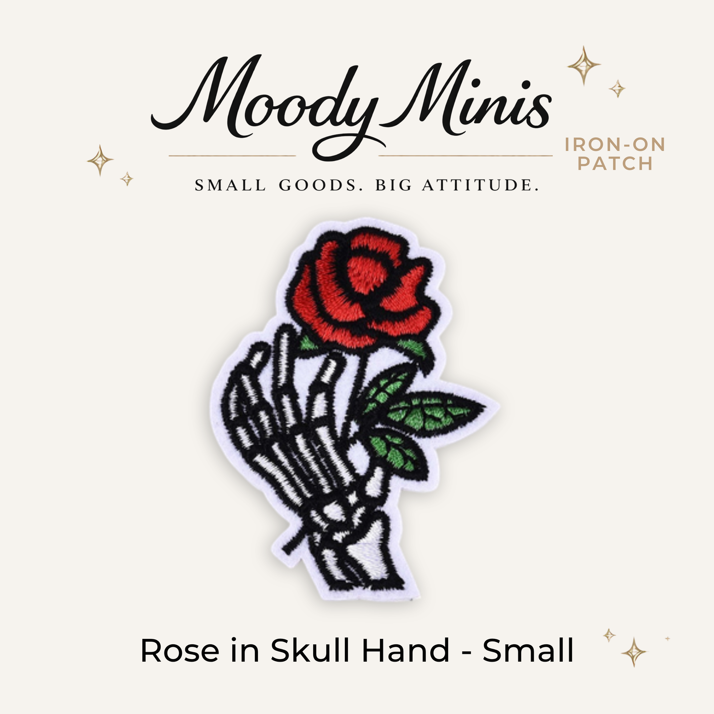 Rose in Skull Hand Small Embroidered Patch- RTS
