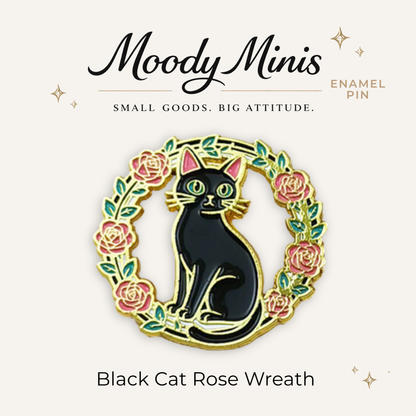 Black Cat Rose Wreath Enamel Pin