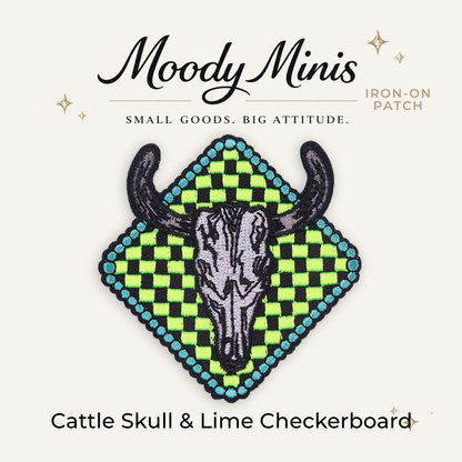 Cattle Skull & Lime Checkerboard Embroidered Patch