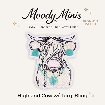 Highland Cow w/ Turquoise Bling Embroidered Patch
