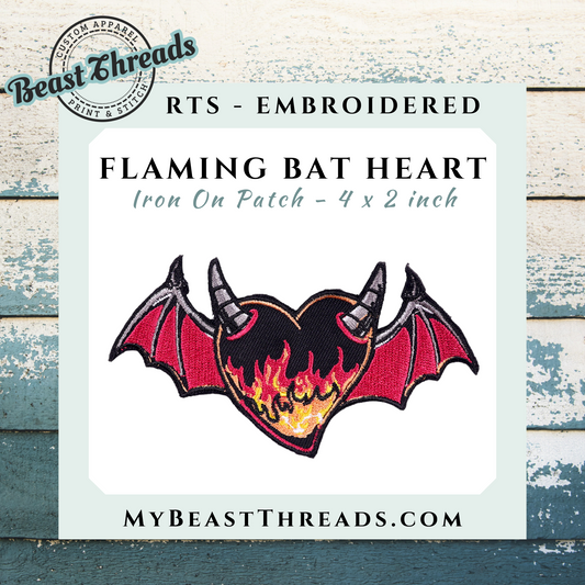 Flaming Bat Heart Embroidered Patch - RTS