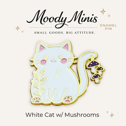 White Cat w/ Mushrooms Enamel Pin