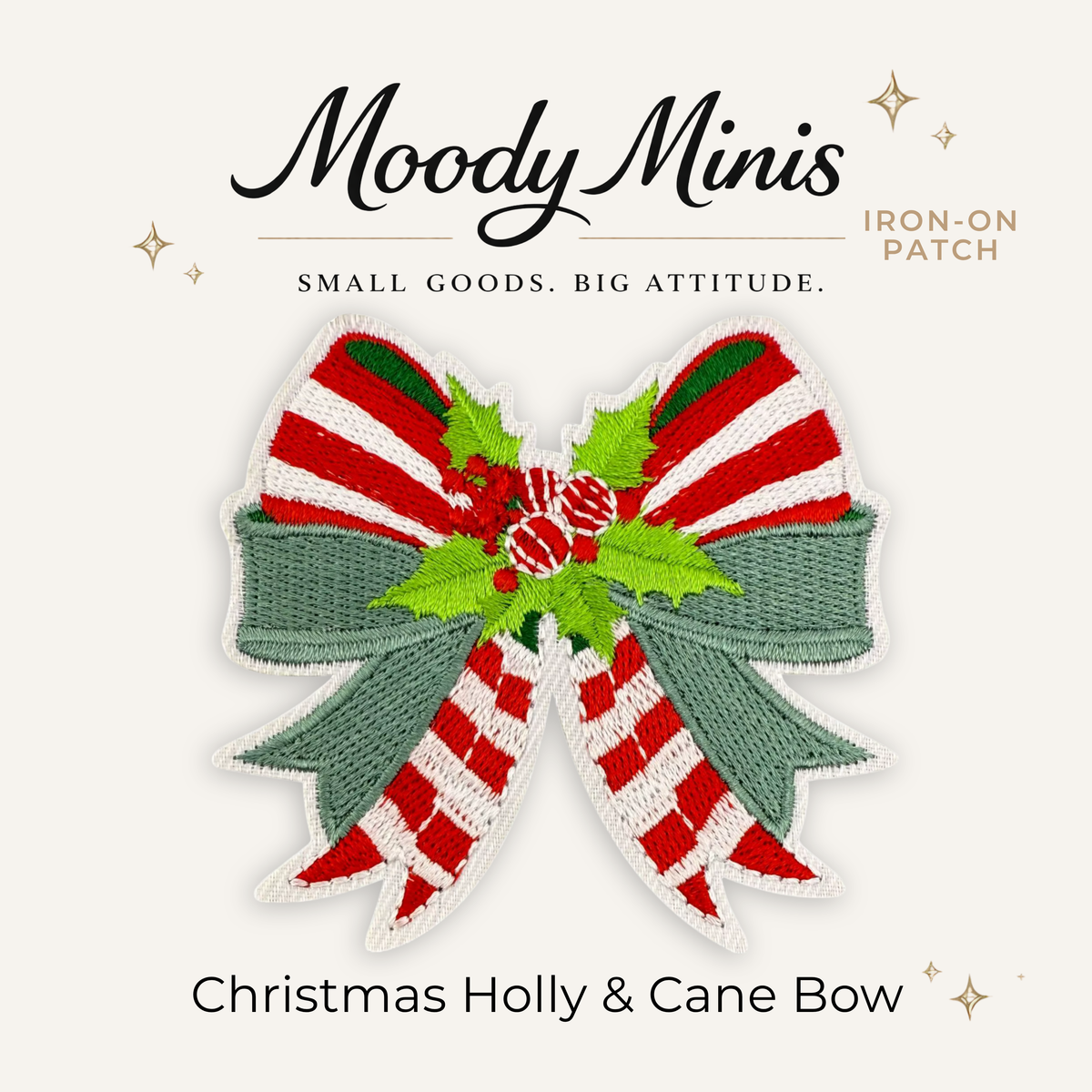 Christmas Holly & Cane Striped Bow Embroidered Patch