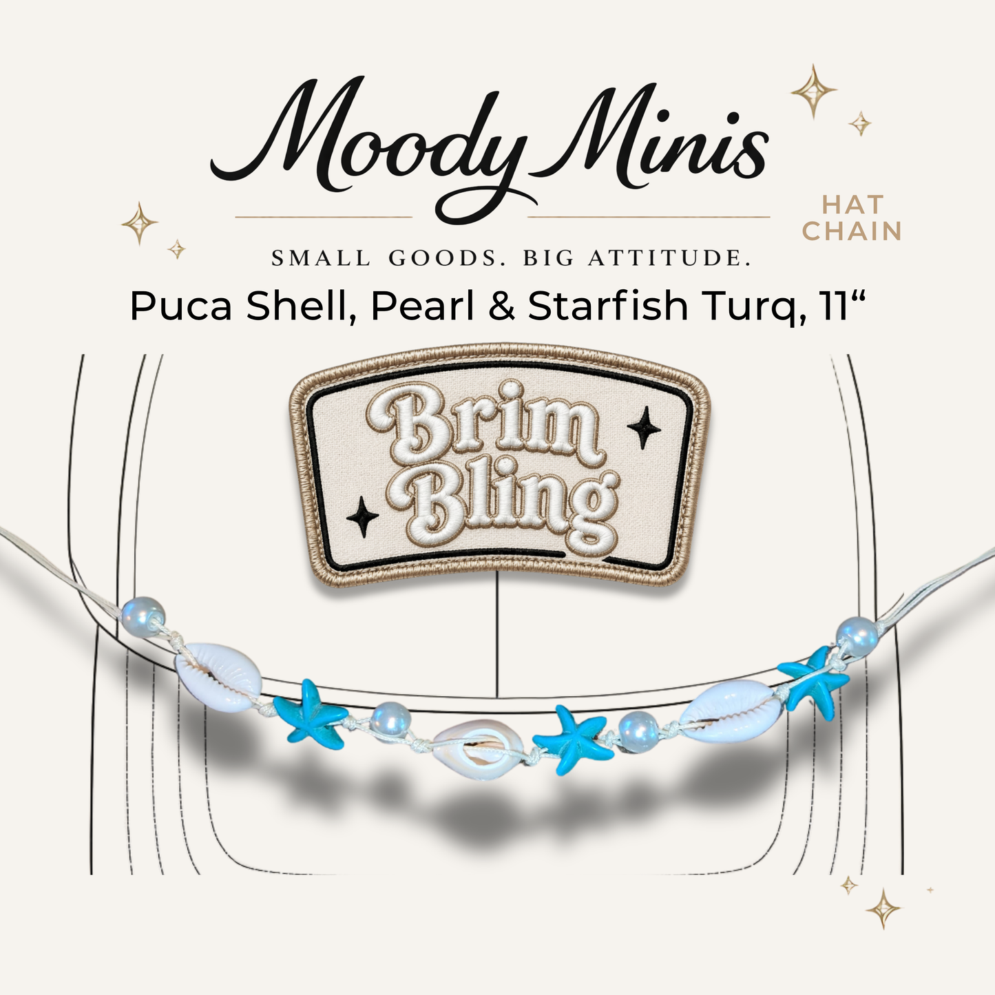 Puca Shell, Pearl & Starfish Turq - 11 Inch Hat Chain