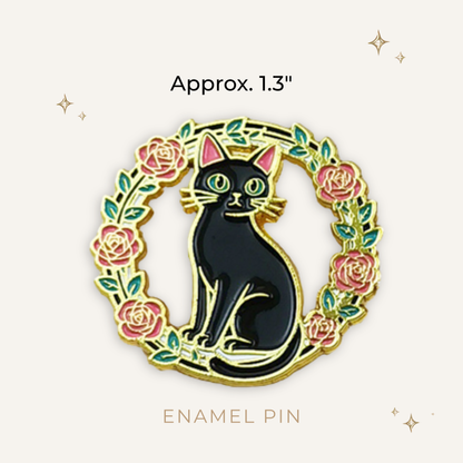 Black Cat Rose Wreath Enamel Pin