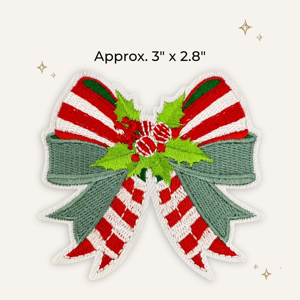 Christmas Holly & Cane Striped Bow Embroidered Patch