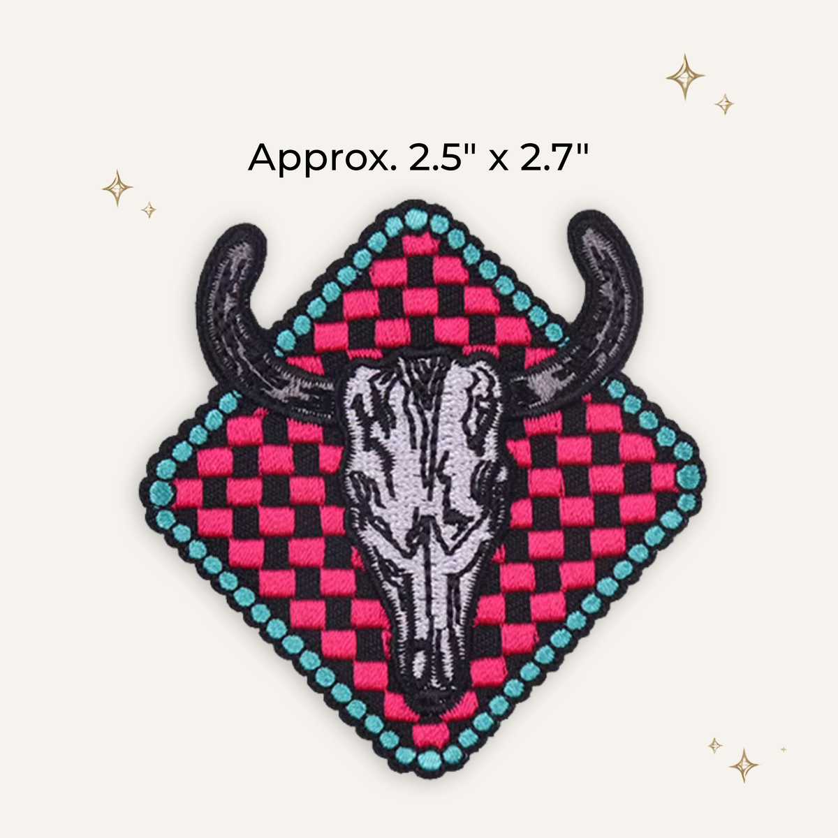 Cattle Skull & Pink Checkerboard Embroidered Patch