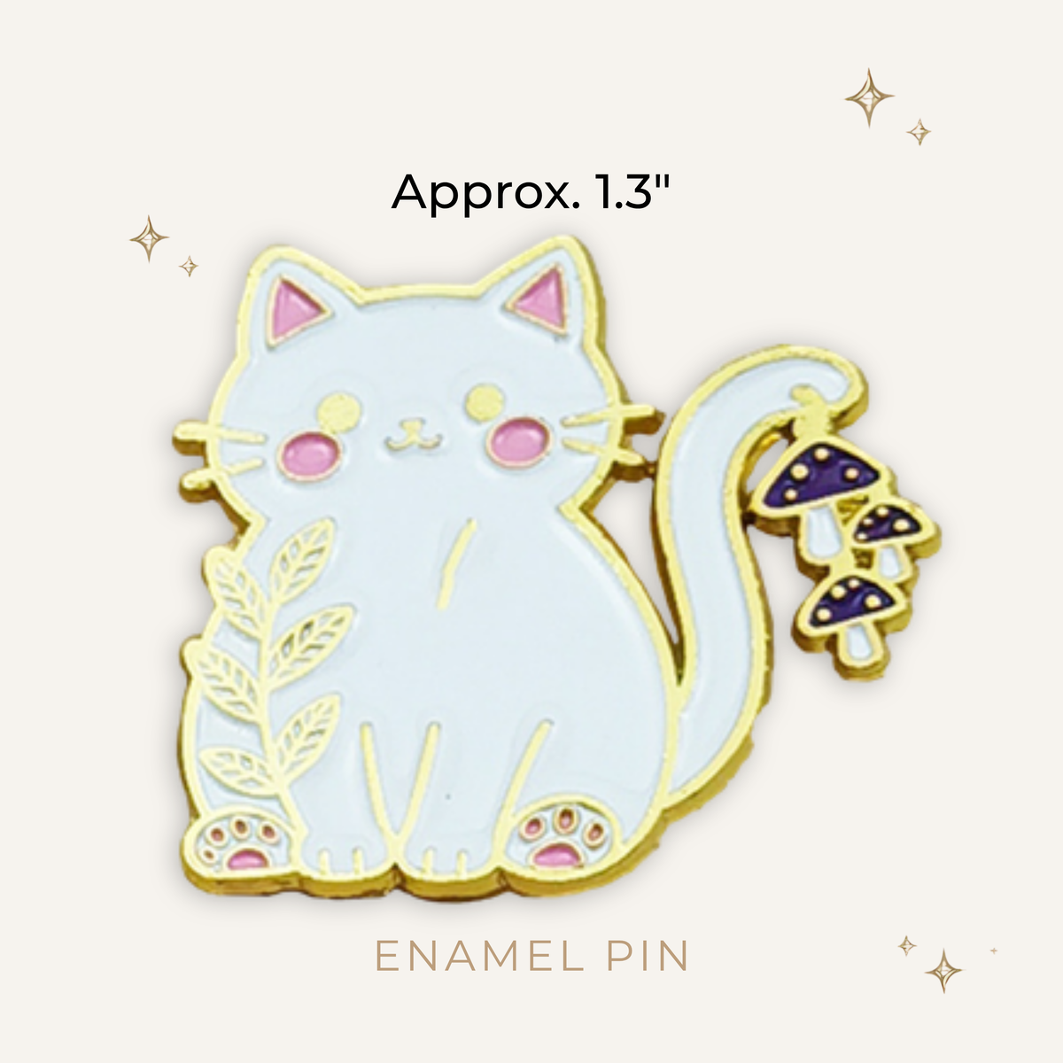White Cat w/ Mushrooms Enamel Pin