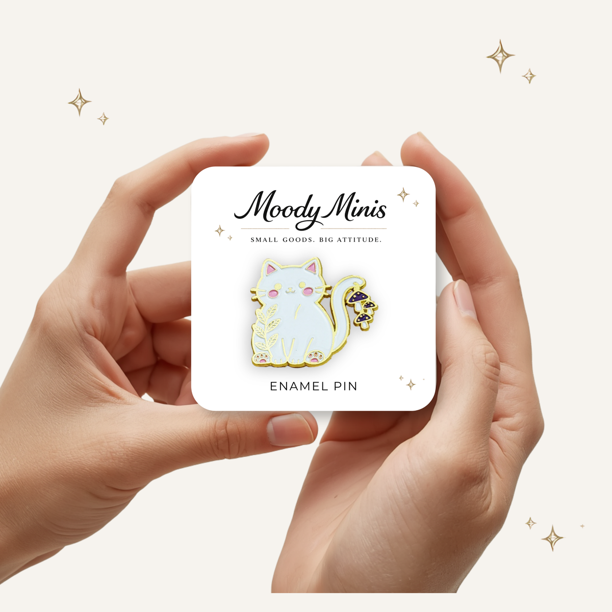 White Cat w/ Mushrooms Enamel Pin