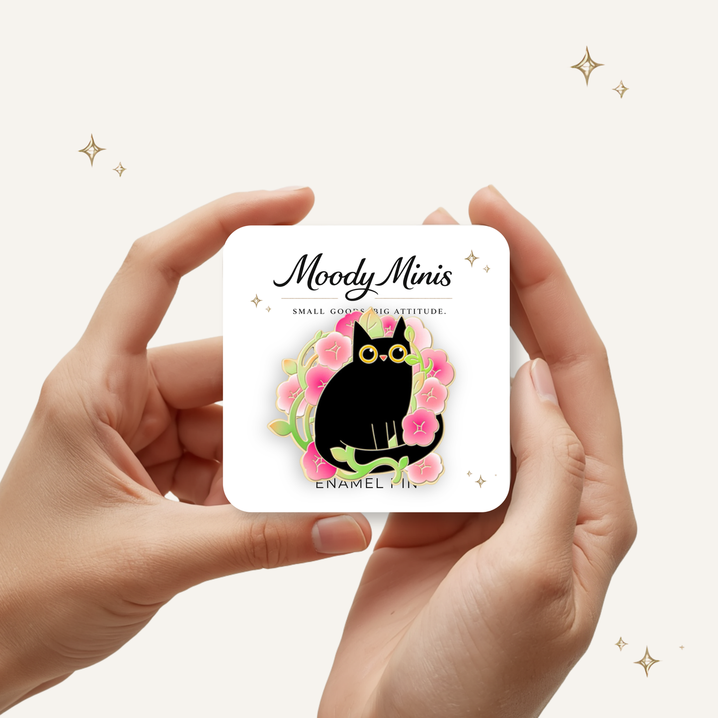 Black Cat in Pink Flowers Enamel Pin