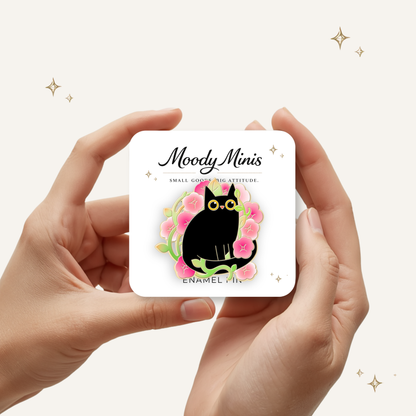 Black Cat in Pink Flowers Enamel Pin